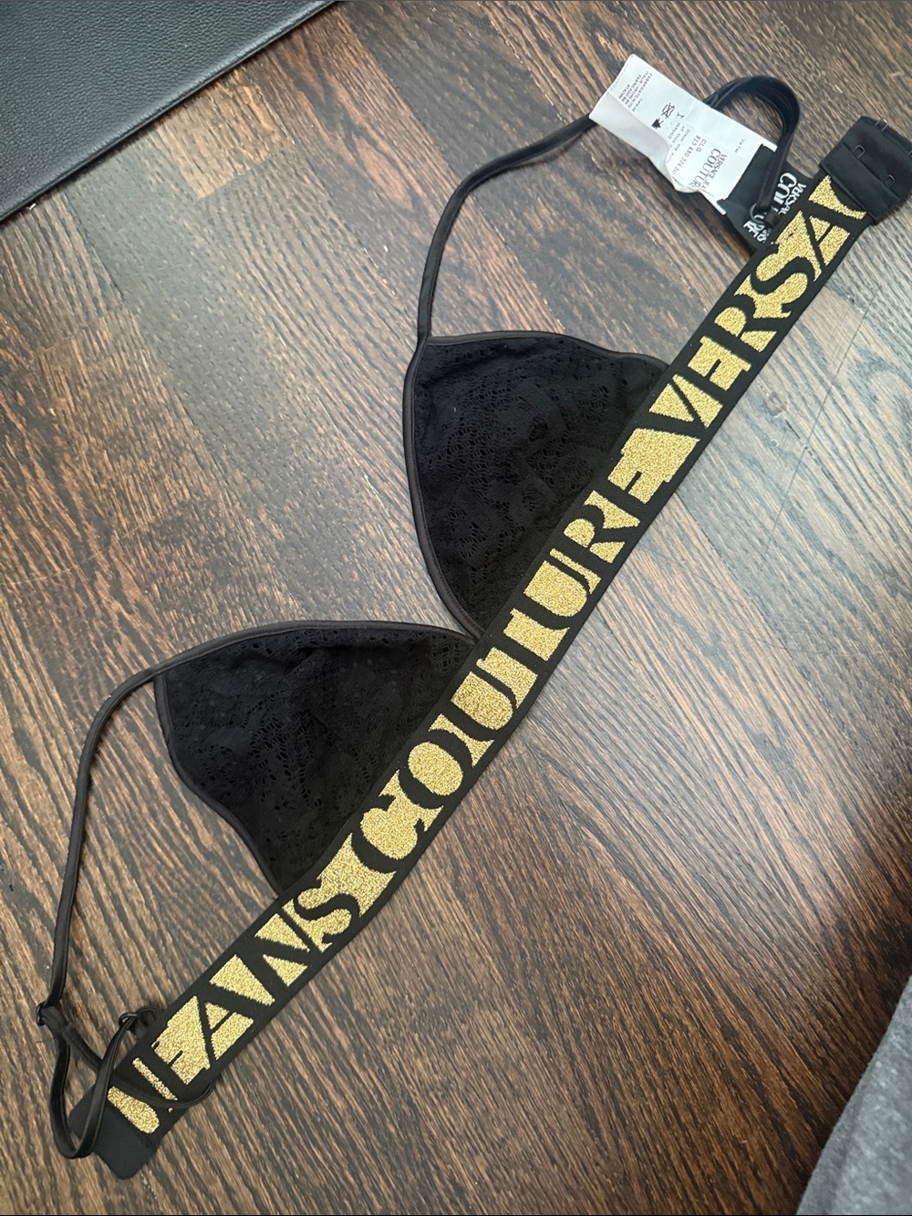 Versace Jeans Couture Black and Gold Elastic Logo Band Bra